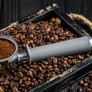Coffee Beans In A Wooden Tray